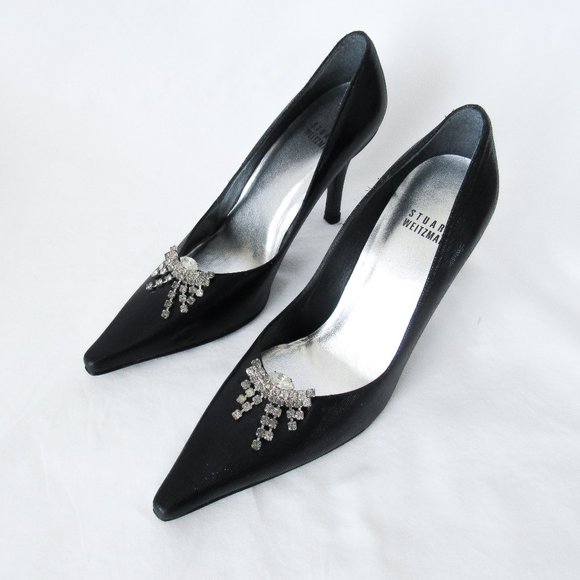 Stuart Weitzman Shoes - STUART WEITZMEN Classic Black Pointed Toe Pumps Crystal Charm Fringe Heels